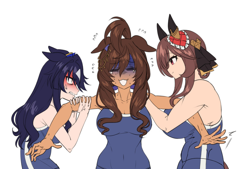 3girls anger_vein animal_ears arm_grab bare_shoulders blue_hair braid breasts brown_hair cleavage closed_eyes collarbone commentary competition_school_swimsuit covered_navel dark-skinned_female dark_blue_hair dark_skin ear_ornament ears_back ears_down flying_sweatdrops folded_ponytail fukuro_(maruaru00) gentildonna_(umamusume) hair_between_eyes hair_intakes hair_ornament heart heart_hair_ornament highres horse_ears horse_girl jealous king_kamehameha_(umamusume) long_hair mole mole_under_eye multicolored_hair multiple_girls nervous_sweating red_eyes school_swimsuit sidelocks simple_background sweat swimsuit two-tone_hair umamusume verxina_(umamusume) wavy_hair white_background white_hair