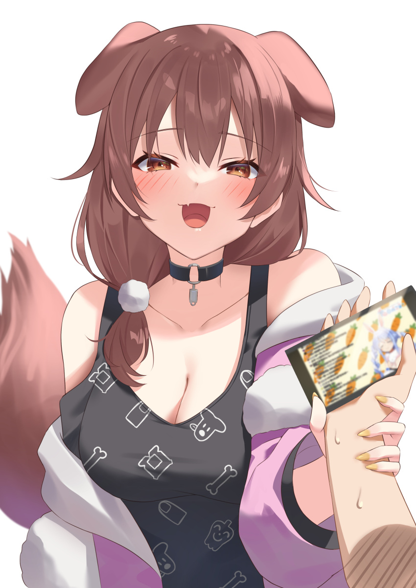 1other 2girls absurdres animal_ears black_choker black_shirt blush breasts brown_eyes brown_hair cellphone choker cleavage collarbone dog_ears dog_girl dog_tail fang hair_ornament highres holding holding_another's_wrist holding_phone hololive inugami_korone inugami_korone_(4th_costume) jacket large_breasts long_hair long_sleeves looking_at_viewer multiple_girls o-ring o-ring_choker off_shoulder open_mouth pendora1022 phone pink_jacket pom_pom_(clothes) pom_pom_hair_ornament pov print_shirt shirt simple_background skin_fang smartphone solo_focus sweat tail usada_pekora usada_pekora_(1st_costume) virtual_youtuber white_background yellow_nails