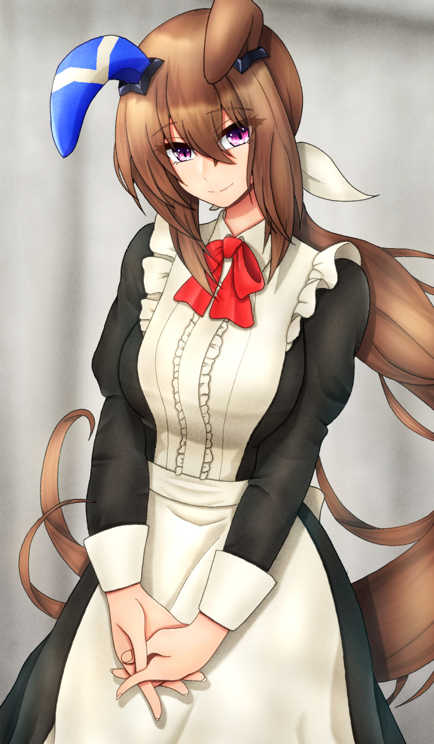 1girl admire_vega_(umamusume) alternate_costume animal_ears apron black_dress blurry blurry_background blush bow brown_hair closed_mouth commentary_request dress enmaided hair_between_eyes highres horse_ears horse_girl horse_tail juliet_sleeves long_hair long_sleeves m172/minatsu maid maid_apron ponytail puffy_sleeves purple_eyes red_bow solo tail umamusume