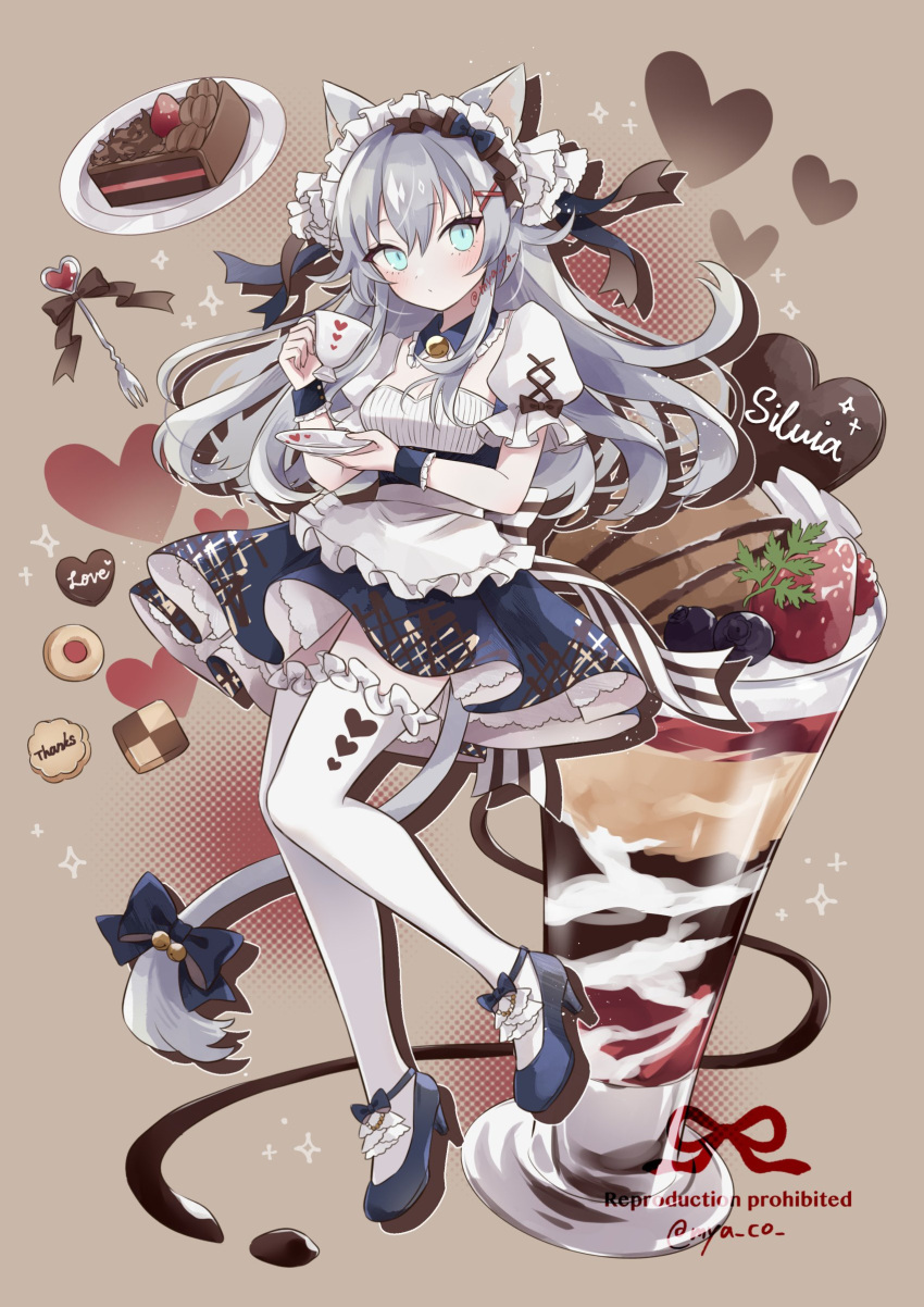 1girl absurdres animal_ears apron artist_name back_bow bell blue_bow blue_dress blue_eyes blue_footwear blueberry bow brown_background brown_bow cake cat_ears cat_girl cat_tail checkerboard_cookie chocolate_cake chocolate_syrup closed_mouth commentary cookie cup detached_collar dress drop_shadow english_commentary food fork frilled_apron frilled_footwear frilled_shirt_collar frilled_sleeves frilled_thighhighs frilled_wrist_cuffs frills fruit full_body grey_hair hair_between_eyes hair_bow hair_ornament heart high_heels highres holding holding_cup holding_saucer ice_cream jingle_bell long_hair looking_at_viewer maid maid_headdress myaco9 neck_bell original parfait petticoat plate puffy_short_sleeves puffy_sleeves saucer short_sleeves simple_background solo sparkle strapless strapless_dress strawberry striped_bow sylvia_(myaco9) tail tail_bell tail_bow tail_ornament teacup thighhighs thumbprint_cookie twitter_username valentine waist_apron watermark white_apron white_thighhighs wrist_cuffs x_hair_ornament