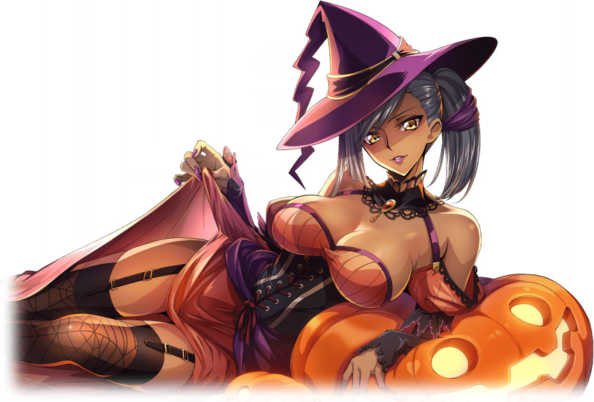 1girl arm_support artist_request bare_shoulders black_thighhighs breasts brooch cleavage clothes_lift code_geass code_geass:_lost_stories corset dark-skinned_female dark_skin dress dress_lift game_cg garter_straps gem grey_hair hair_ribbon halloween hand_up happy hat highres jack-o'-lantern jewelry juliet_sleeves large_breasts leaning_on_object legs_together lifted_by_self lipstick long_sleeves looking_at_viewer lying makeup nail_polish non-web_source official_art on_side orange_dress parted_lips print_thighhighs puffy_sleeves purple_headwear purple_lips purple_nails purple_ribbon red_gemstone ribbon short_hair side_ponytail simple_background smile solo spider_web_print teeth thighhighs thighs transparent_background villetta_nu witch witch_hat yellow_eyes