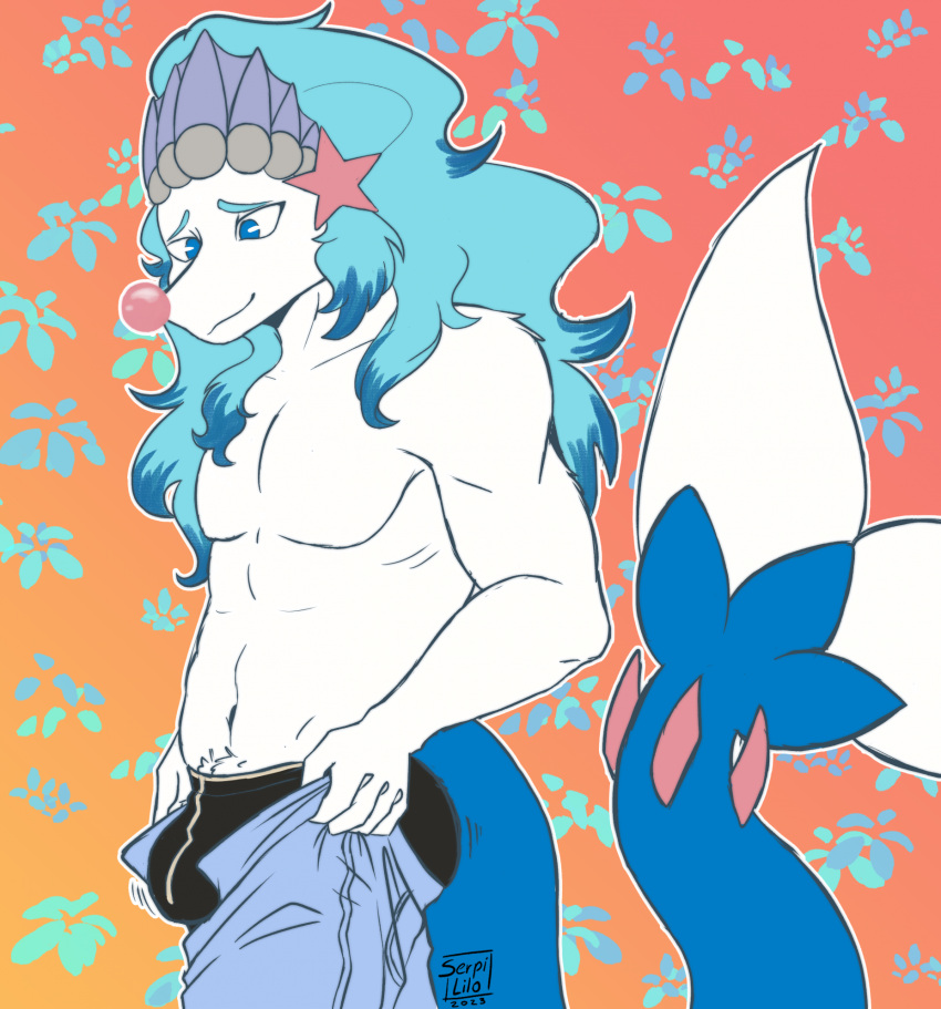 2023 anthro asterozoan black_clothing black_underwear blue_eyes blue_hair bottomwear bulge clothed clothing clown_nose denim denim_bottomwear denim_clothing digital_drawing_(artwork) digital_media_(artwork) echinoderm fish_tail generation_7_pokemon hair hi_res jeans lean_muscle long_hair male marine navel neptune_(rhode_arts) nintendo pants pokemon pokemon_(species) primarina serpi_lilo solo starfish topless underwear watermark white_body