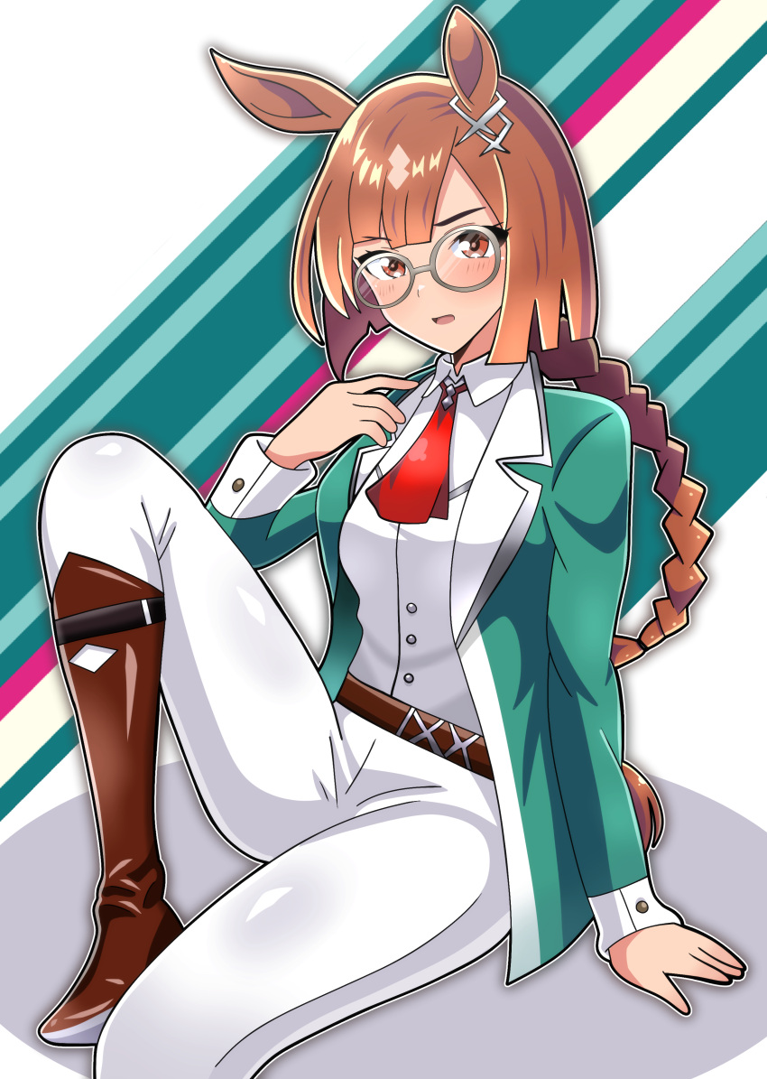 1girl absurdres animal_ears boots brown_hair closed_mouth collared_shirt commentary_request foot_out_of_frame glass glasses green_jacket grey_eyes grey_pants high_heel_boots high_heels highres hitokiwa_kenchin horse_ears horse_girl ikuno_dictus_(umamusume) jacket knee_up long_hair long_sleeves looking_at_viewer multicolored_background necktie open_clothes open_jacket pants red_necktie round_eyewear shadow shirt sitting solo thigh_boots umamusume vest