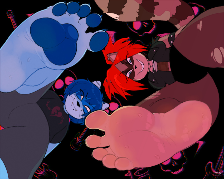 2024 5_toes anthro azura_(aimpunch) blue_body blue_fur blue_hair bodily_fluids brose_(giselleandvivian) brown_body brown_fur duo ear_piercing facial_markings fangs feet female foot_focus fur grin hair head_markings hi_res humanoid_feet low-angle_view male mammal markings mask_(marking) pawpads piercing plantigrade procyonid raccoon red_hair sharp_teeth smelly smelly_feet smile soles stomping_pov striped_markings striped_tail stripes sweat sweaty_feet tail tail_markings teeth toes twistedfurby worm's-eye_view