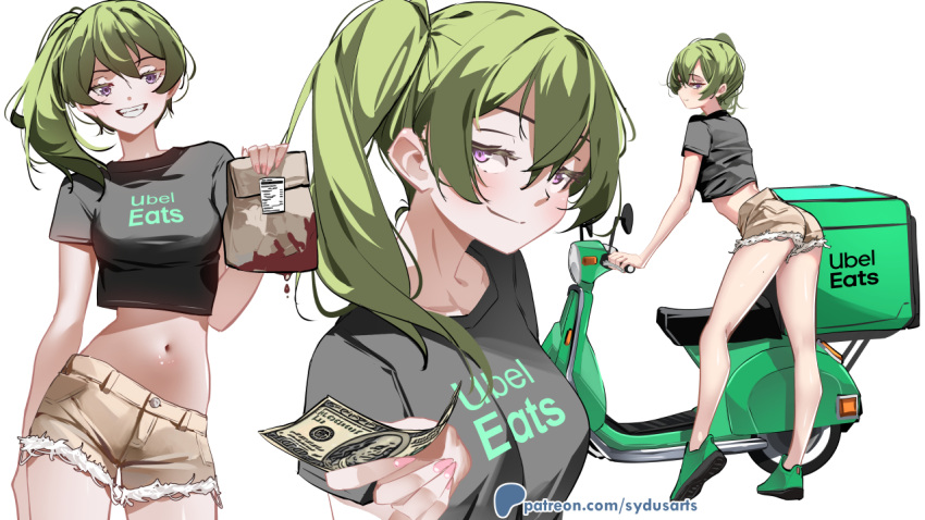 1girl bag black_shirt brown_shorts closed_mouth cowboy_shot cropped_shirt english_commentary full_body green_footwear holding holding_bag holding_money looking_at_viewer midriff money motor_vehicle multiple_views nameplay navel patreon_username purple_eyes scooter shirt short_sleeves shorts simple_background smile sousou_no_frieren standing sydus ubel_(sousou_no_frieren) uber_eats white_background