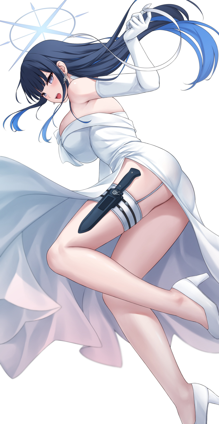 1girl absurdres black_hair blue_archive blue_halo blush breasts chien_zero colored_inner_hair dress earrings elbow_gloves gloves grey_eyes halo high_heels highres jewelry large_breasts long_hair multicolored_hair open_mouth revision saori_(blue_archive) saori_(dress)_(blue_archive) simple_background solo strapless strapless_dress white_background white_dress white_footwear white_gloves