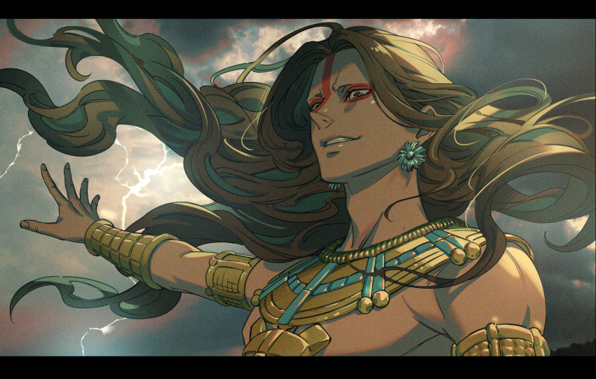adam's_apple akakokko_(niro_azarashi) aztec bracer character_request earrings electricity facepaint grimace highres jewelry letterboxed long_hair looking_at_viewer maronie_oukoku_no_shichinin_no_kishi outstretched_arm pectorals ringed_eyes solo storm tan upper_body very_long_hair