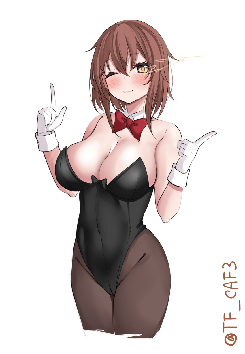 1girl animal_ears bare_shoulders black_leotard blush bow bowtie breasts brown_hair cleavage covered_navel cowboy_shot detached_collar furutaka_(kancolle) glowing highres kantai_collection leotard looking_at_viewer medium_breasts one_eye_closed pantyhose short_hair smile solo strapless strapless_leotard tf_cafe traditional_bowtie twitter_username wrist_cuffs yellow_eyes