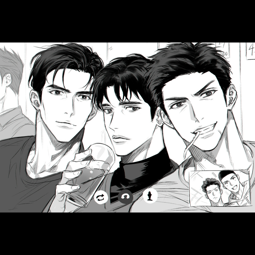 14ho_sd 3boys 5boys alternate_hairstyle buzz_cut cup fukatsu_kazunari greyscale highres holding holding_cup male_focus matsumoto_minoru mitsui_hisashi miyagi_ryouta monochrome multiple_boys sawakita_eiji short_hair slam_dunk_(series) smile upper_body very_short_hair video_call