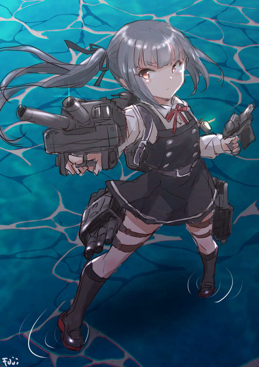 1girl adapted_turret artist_name black_dress brown_eyes cannon collared_shirt dress dress_shirt fuji_(pixiv24804665) full_body grey_hair hair_ribbon highres kantai_collection kasumi_(kancolle) long_hair machinery neck_ribbon pinafore_dress red_ribbon ribbon shirt side_ponytail sleeveless sleeveless_dress solo standing standing_on_liquid turret white_shirt