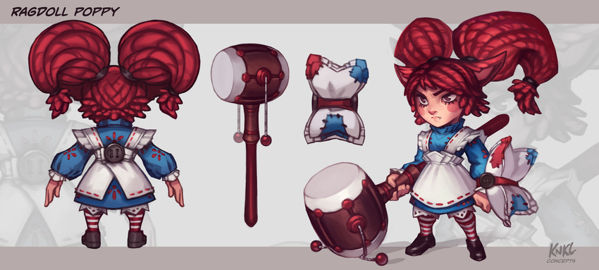 alternate_costume alternate_hairstyle animal_ears apron artist_name blush_stickers brown_eyes buckler buttons character_name concept_art denden_daiko dress fang highres kienan_lafferty league_of_legends multiple_views pillow poppy rattle_drum red_hair shield striped striped_legwear turnaround twintails yarn