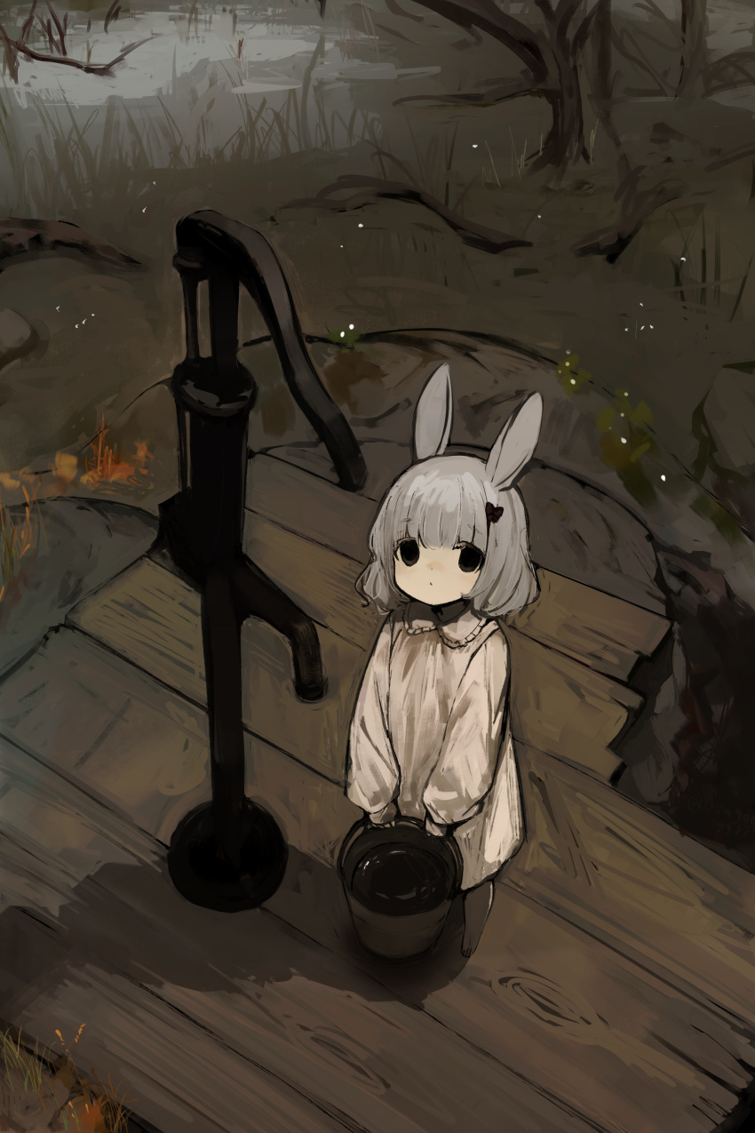 1girl :&lt; absurdres animal_ears bare_tree black_bow black_eyes bow bucket butterfly_hair_ornament closed_mouth commentary dot_nose dress frilled_shirt_collar frills grass grey_dress hair_bow hair_ornament highres holding holding_bucket long_sleeves looking_at_viewer looking_up medium_hair no_sclera original outdoors plank rabbit_ears rabbit_girl shirokujira solo standing tree water_pump