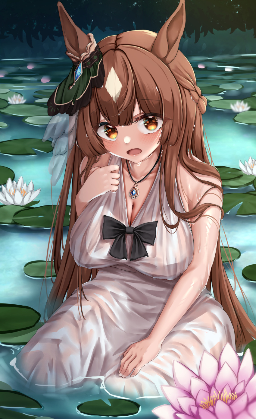 1girl absurdres animal_ears bare_shoulders blush braid breasts brown_hair cleavage commentary_request dress ear_ornament flower french_braid hair_between_eyes highres horse_ears horse_girl horse_tail jewelry large_breasts lily_(flower) lily_pad long_hair looking_at_viewer multicolored_hair necklace on_ground open_mouth outdoors satono_diamond_(umamusume) sleeveless sleeveless_dress solo streaked_hair tabunshake tail umamusume very_long_hair water wet wet_clothes wet_dress wet_hair white_hair yellow_eyes