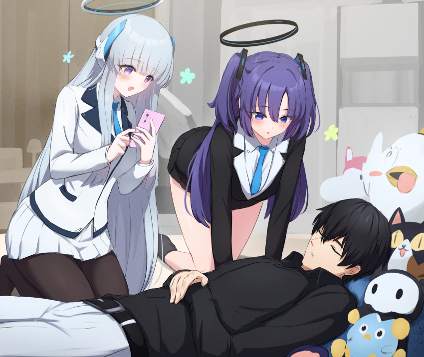 1boy 2girls afrody black_hair black_pantyhose black_shirt black_skirt blue_archive blue_necktie blush breasts cellphone closed_eyes collared_shirt grey_hair grey_pants hair_between_eyes halo highres holding holding_phone indoors large_breasts long_hair long_sleeves mechanical_halo multiple_girls necktie noa_(blue_archive) open_mouth pants pantyhose parted_lips peroro_(blue_archive) phone pleated_skirt purple_eyes purple_hair sensei_(blue_archive) shirt short_hair skirt sleeping smartphone smile suit two_side_up white_shirt white_skirt yuuka_(blue_archive)