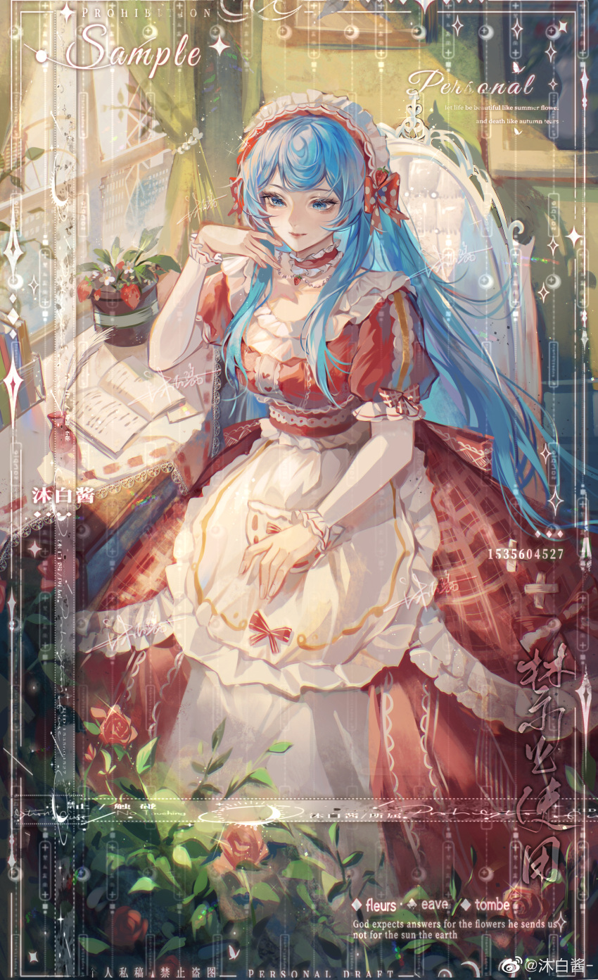 1girl absurdres apron blue_hair book bow bow_apron chinese_commentary chinese_text choker collarbone commentary_request curtains day desk dress english_text feet_out_of_frame flower frilled_apron frilled_choker frilled_dress frilled_hairband frilled_sleeves frills hair_bow hairband hand_in_own_hair hand_on_lap highres indoors inkwell layered_sleeves lolita_hairband long_dress long_hair long_sleeves mixed-language_text mubai_jiang on_chair open_book original painting_(object) pink_flower pink_rose plaid plaid_dress plant pocket polka_dot polka_dot_bow potted_plant quill red_bow red_choker red_dress red_sleeves rose sample_watermark short_over_long_sleeves short_sleeves sidelocks sitting sleeve_bow solo sunlight very_long_hair waist_apron watermark weibo_logo weibo_username white_apron white_hairband white_sleeves window