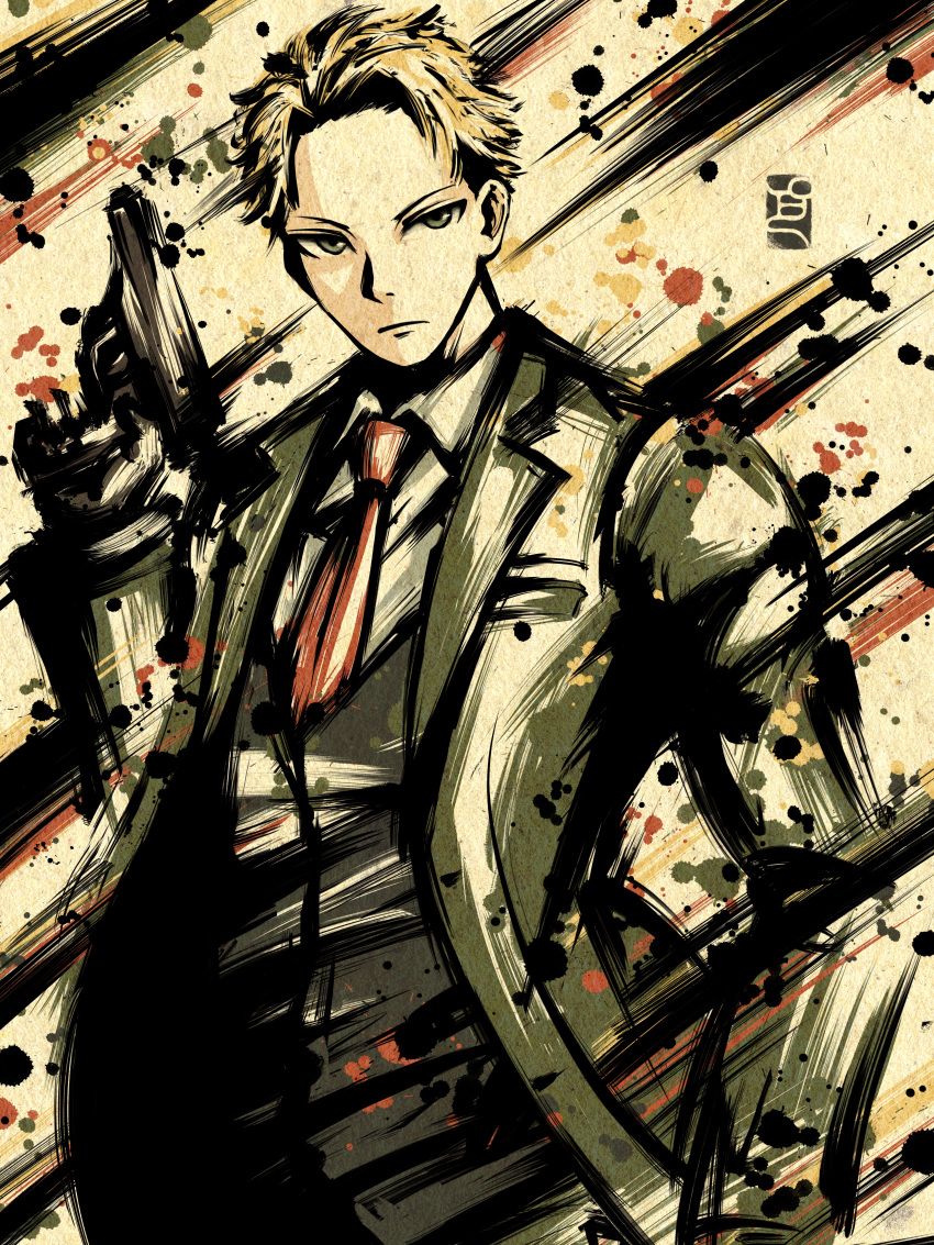 1boy absurdres artist_logo black_vest blonde_hair coat forehead green_coat green_eyes gun highres holding holding_gun holding_weapon ink_wash_painting necktie pe51illust red_necktie shirt short_hair spy_x_family twilight_(spy_x_family) upper_body vest weapon white_shirt