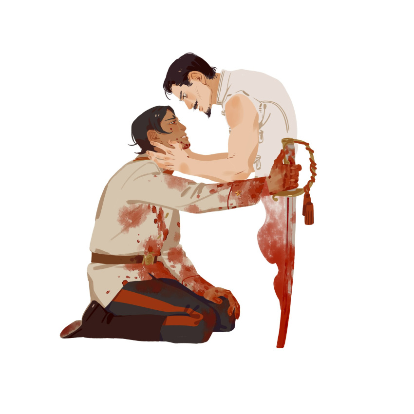 2boys black_hair black_pants blood blood_on_clothes blood_on_hands blood_on_weapon boots brown_coat brown_eyes brown_footwear chengongzi123 coat dark-skinned_male dark_skin facial_hair full_body goatee golden_kamuy grin hands_on_another's_face highres holding holding_sword holding_weapon kneeling koito_otonoshin long_sleeves looking_at_another looking_down male_focus military_uniform multiple_boys mustache pants parted_lips red_eyes severed_torso short_hair simple_background sleeveless smile sword tsurumi_tokushirou uniform weapon white_background