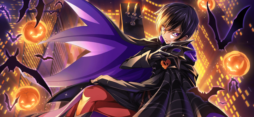 1boy artist_request bat_(animal) black_coat black_footwear black_gloves black_hair boots building candelabra candle candlestand cape city closed_mouth coat code_geass code_geass:_lost_stories crossed_legs fire floating floating_clothes floating_object from_above from_side game_cg gloves halloween hand_on_own_thigh hand_up happy highres holding holding_mask hood hood_down hooded_cape jack-o'-lantern knee_boots lelouch_vi_britannia long_sleeves looking_at_viewer male_focus mask masquerade_mask night non-web_source official_art outdoors pants purple_cape purple_eyes purple_outline red_pants short_hair sidelocks sitting skyscraper smile solo sparkle two-sided_fabric v-shaped_eyebrows