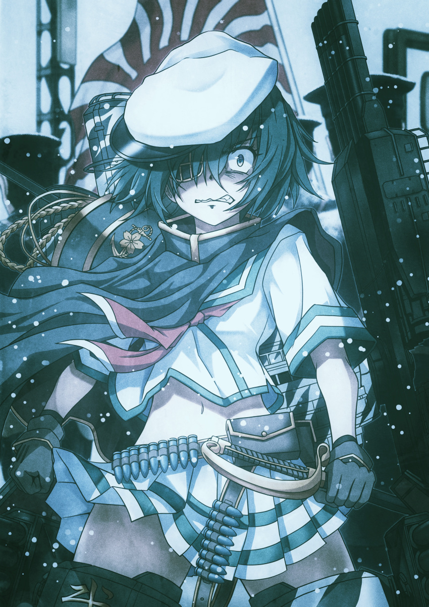 1girl absurdres ammunition_belt bandolier black_gloves cape clenched_hand clenched_teeth cowboy_shot cutlass eyepatch flag gloves green_eyes green_hair hat highres holding holding_sword holding_weapon kantai_collection kiso_(kancolle) kiso_kai_ni_(kancolle) long_hair looking_at_viewer miniskirt neckerchief pleated_skirt red_neckerchief rigging saber_(weapon) sailor_hat school_uniform serafuku short_sleeves skirt solo standing sunburst sword teeth weapon yaegashi_(muzzuleflash)