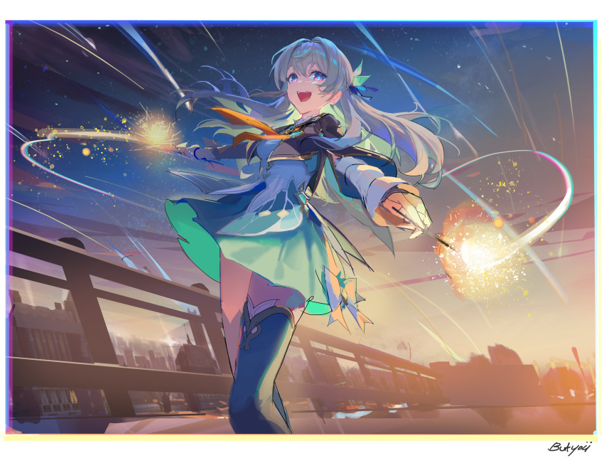 1girl absurdres aqua_skirt artist_name black_jacket bright_pupils butyou_(mika1412) cropped_jacket evening firefly_(honkai:_star_rail) from_below gradient_sky green_thighhighs hair_between_eyes hashtag_only_commentary highres holding_fireworks honkai:_star_rail honkai_(series) jacket long_hair long_sleeves neckerchief open_mouth orange_neckerchief outdoors purple_eyes shirt skirt sky smile solo thighhighs white_hair white_pupils white_shirt