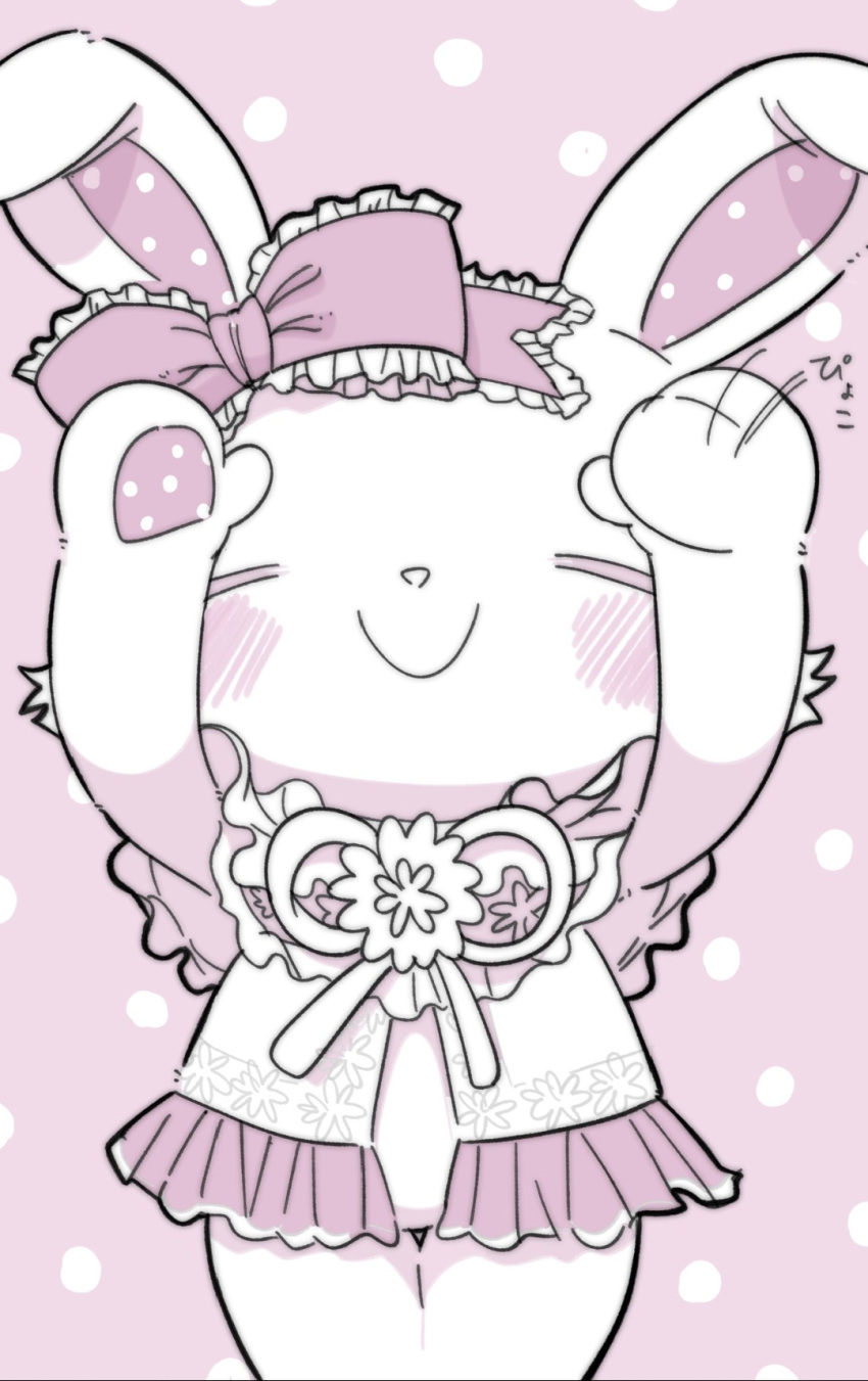 accessory anthro blush blush_lines bottomwear bow_ribbon chibi clothing female hair_accessory hair_bow hair_ribbon hi_res japanese_text lagomorph leporid mammal rabbit raising_arm reimentyuru ribbons sanrio skirt solo solo_focus text wish_me_mell