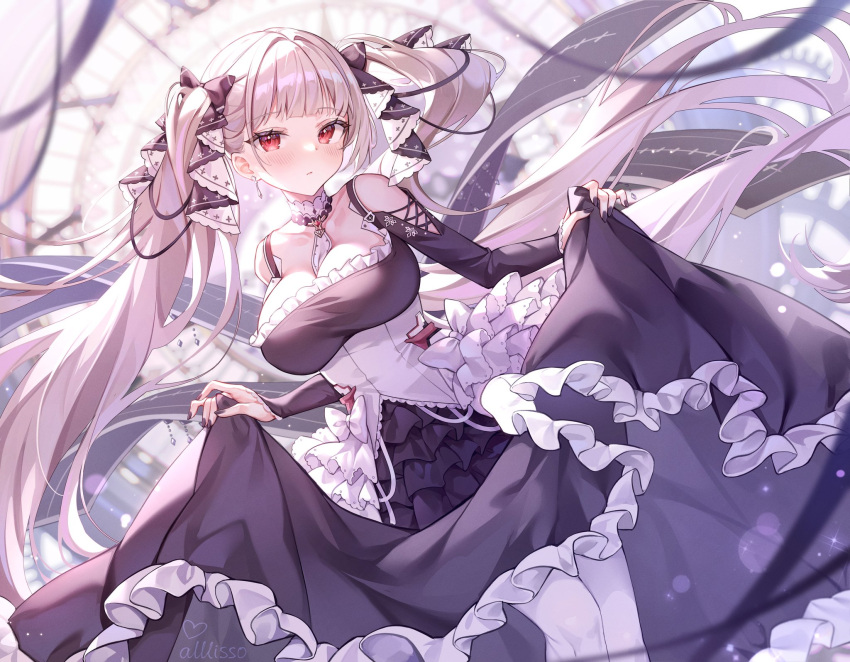 1girl alllisso artist_name azur_lane bare_shoulders between_breasts black_dress black_nails black_ribbon blurry blurry_background blush breasts clock closed_mouth clothes_lift dress dress_lift earrings flight_deck formidable_(azur_lane) frilled_dress frills gothic_lolita highres jewelry large_breasts layered_dress light_brown_hair lolita_fashion long_hair looking_at_viewer red_eyes ribbon solo two-tone_dress two-tone_ribbon very_long_hair white_dress white_ribbon