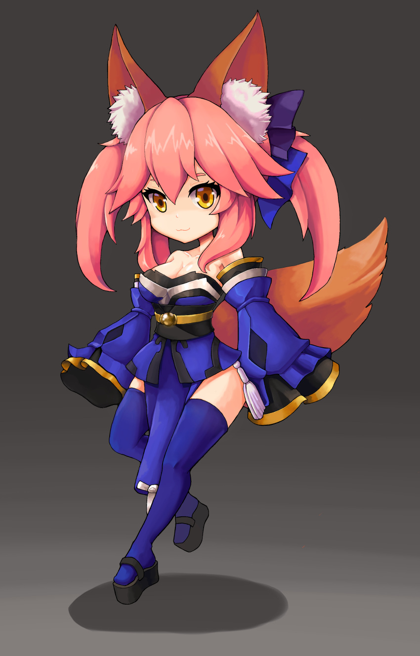 1girl :3 absurdres animal_ear_fluff animal_ears bare_shoulders blue_kimono blue_thighhighs blush bow breasts cleavage detached_sleeves dltkdwls369 fate/grand_order fate_(series) fox_ears fox_girl fox_tail full_body gradient_background hair_between_eyes hair_bow hair_ribbon highres japanese_clothes kimono large_breasts long_hair looking_at_viewer pink_hair ribbon solo split_ponytail tail tamamo_(fate) tamamo_no_mae_(fate/extra) thighhighs yellow_eyes