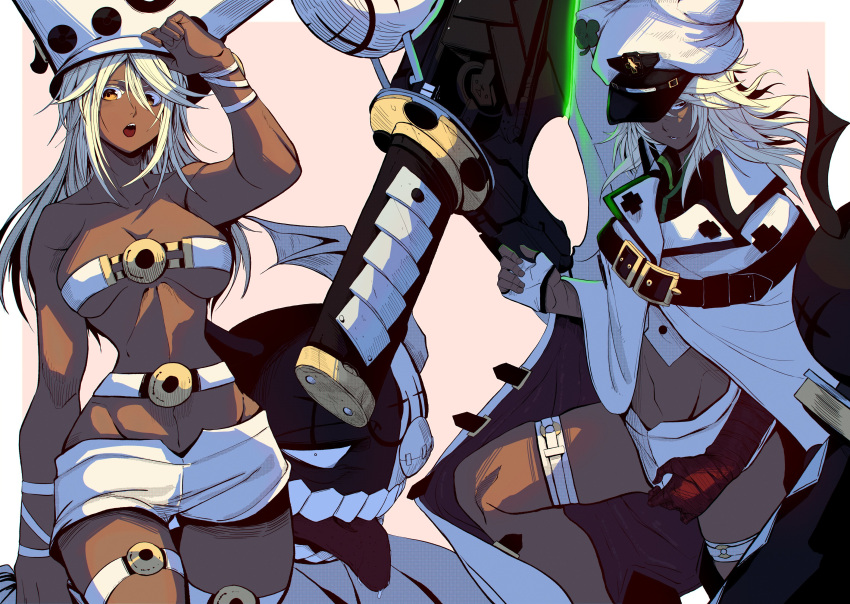 1girl absurdres adjusting_clothes adjusting_headwear bandaged_arm bandages belt_bra blonde_hair breasts cape clover collarbone commentary dark-skinned_female dark_skin english_commentary floating floating_object floating_sword floating_weapon four-leaf_clover glowing glowing_sword glowing_weapon guilty_gear hair_between_eyes half-closed_eye hat highres jesse_schickler long_hair looking_at_viewer lucifero_(guilty_gear) medium_breasts multiple_views open_mouth orange_eyes peaked_cap pink_background ramlethal_valentine red_bandage short_shorts shorts simple_background skindentation sword thigh_strap underboob weapon white_cape white_headwear white_shorts