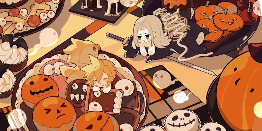 2boys blonde_hair blush_stickers candy_apple chibi chinese_commentary chocobo closed_eyes cloud_strife commentary_request cookie cupcake dapanggezilan dessert doughnut final_fantasy final_fantasy_vii food full_body ghost green_eyes grey_hair halloween highres jack-o'-lantern katana lace long_hair male_focus masamune_(ff7) mini_person multiple_boys octopus_boy on_plate on_table open_mouth pastry plate pop_tart pumpkin sephiroth short_hair smile spiked_hair sword table takoyaki tentacles topless_male weapon