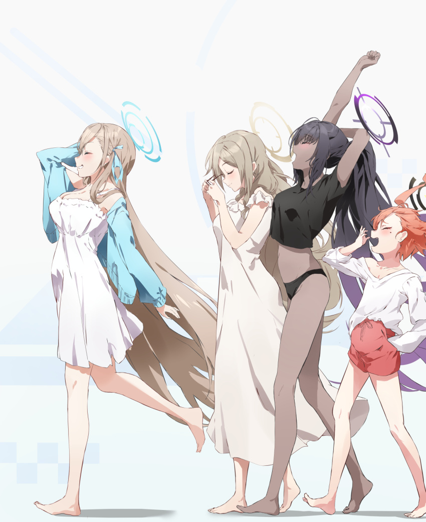 4girls ahoge akane_(blue_archive) asuna_(blue_archive) barefoot black_hair blue_archive blush breasts closed_eyes full_body glasses halo highres karin_(blue_archive) kuu_(user_gngs5284) large_breasts light_brown_hair long_hair multiple_girls neru_(blue_archive) open_mouth orange_hair ponytail short_hair small_breasts smile very_long_hair yawning