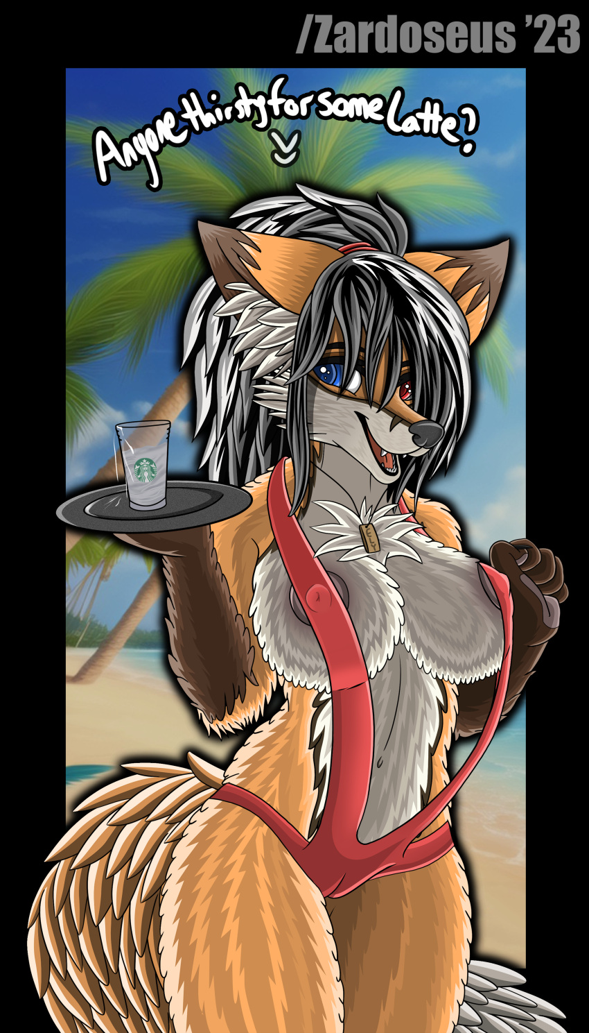 absurd_res anthro areola beach beverage big_breasts bikini black_hair breasts camel_toe canid canine claws clothed clothing container cup digital_media_(artwork) elizabeth_fox english_text female fluffy fluffy_tail fox fur hair heterochromia hi_res holding_container holding_cup holding_object huge_breasts i_mean_breast_milk jewelry mammal meme milk necklace nipples open_mouth outside palm_tree plant red_eyes seaside shaded sky smile solo starbucks swimwear tail text thick_thighs tray tree tuft viejillox water white_body white_fur white_hair wide_hips zardoseus