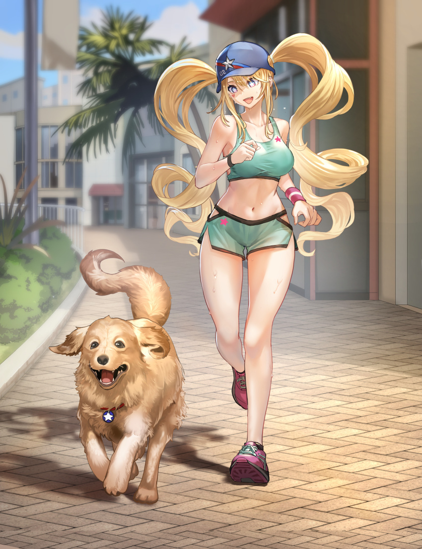 1girl :d absurdres alternate_costume azur_lane bare_arms bare_shoulders blonde_hair blue_eyes blue_headwear breasts collarbone commentary_request day dog full_body green_shorts green_sports_bra guam_(azur_lane) hat highres iitsumonemu large_breasts long_hair looking_at_animal navel open_mouth outdoors red_footwear running shoes short_shorts shorts smile sneakers sports_bra star-shaped_pupils star_(symbol) stomach sweat symbol-shaped_pupils thighs twintails