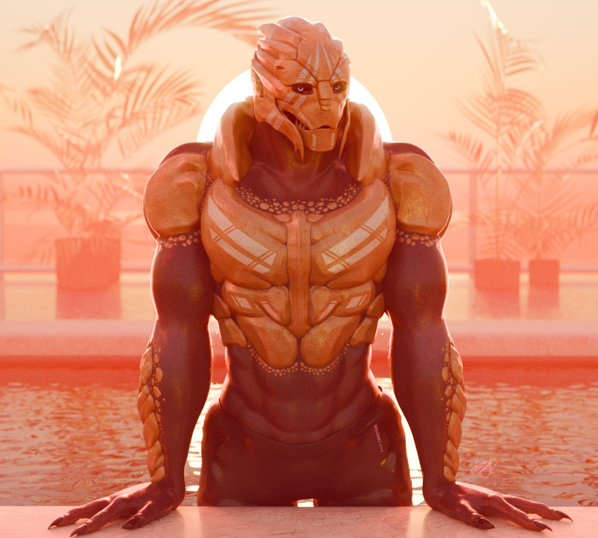 3d_(artwork) alien bodypaint clothed clothing digital_media_(artwork) face_paint hi_res in_pool kagekave leaning leaning_forward looking_at_viewer male mass_effect muscular muscular_male outside plant plant_pot potted_plant solo standing sun sunset swimming_pool swimming_trunks swimwear teeth turian water wet