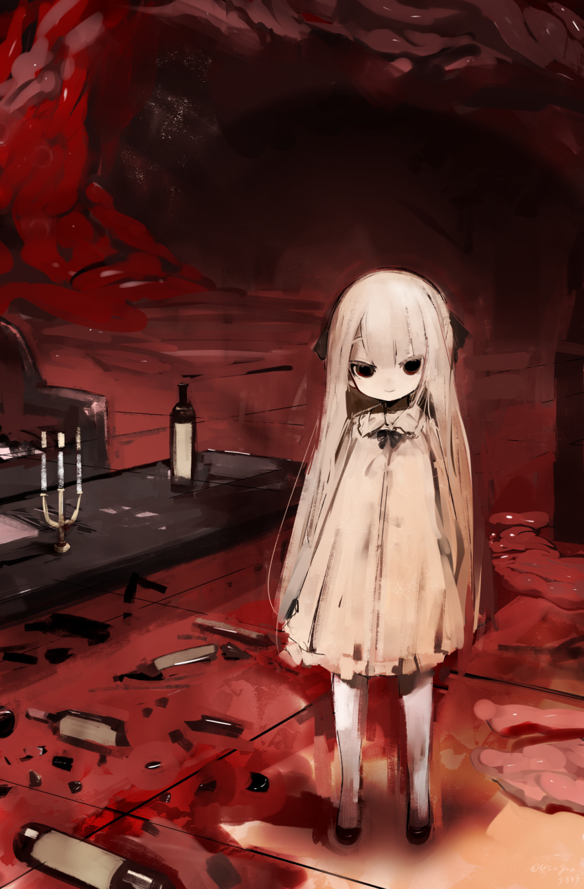 1girl armchair black_ribbon bottle broken_bottle candle candlestand chair child closed_mouth collared_dress commentary_request dress flesh glass_shards hair_ribbon highres long_hair looking_at_viewer neck_ribbon original pale_skin partial_commentary red_eyes ribbon shirokujira smile solo standing table very_long_hair white_dress white_hair