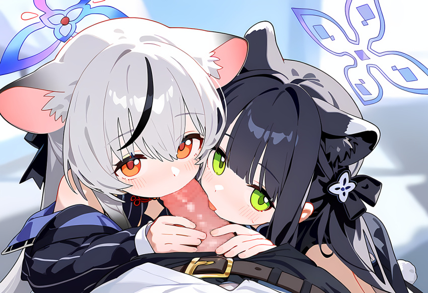 1boy 2girls ai-generated animal_ears blue_archive cooperative_fellatio fellatio ffm_threesome group_sex kokona_(blue_archive) looking_at_viewer multiple_girls oral threesome white_hair