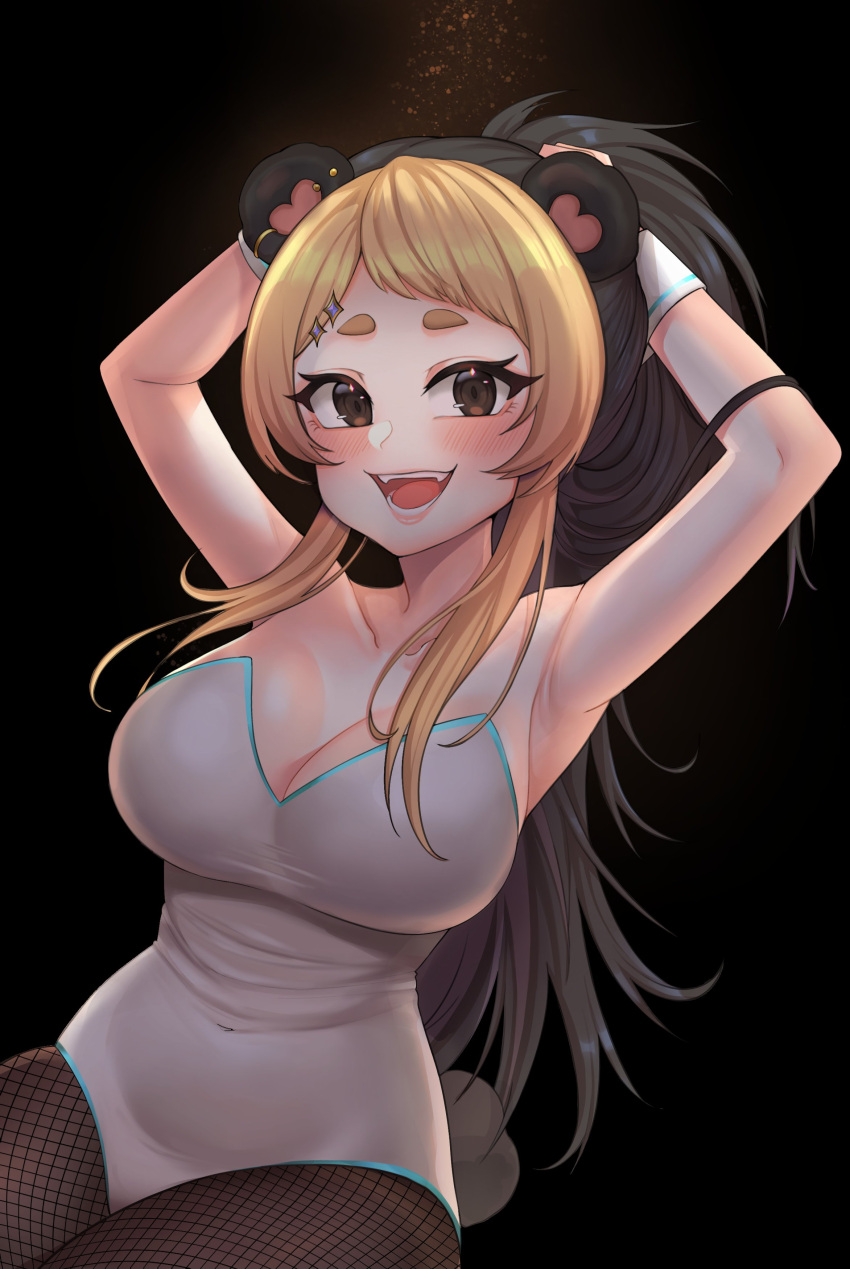1girl absurdres adjusting_hair animal_ears arm_up armpits bear_girl black_background blonde_hair blush breasts brown_eyes brown_hair cleavage collarbone covered_navel fang fishnet_pantyhose fishnets hair_ornament highres large_breasts leotard long_hair looking_at_viewer multicolored_hair open_mouth pantyhose papulive rina_megakuma_(artist) rina_megakuma_(vtuber) smile solo thick_eyebrows white_leotard wrist_cuffs