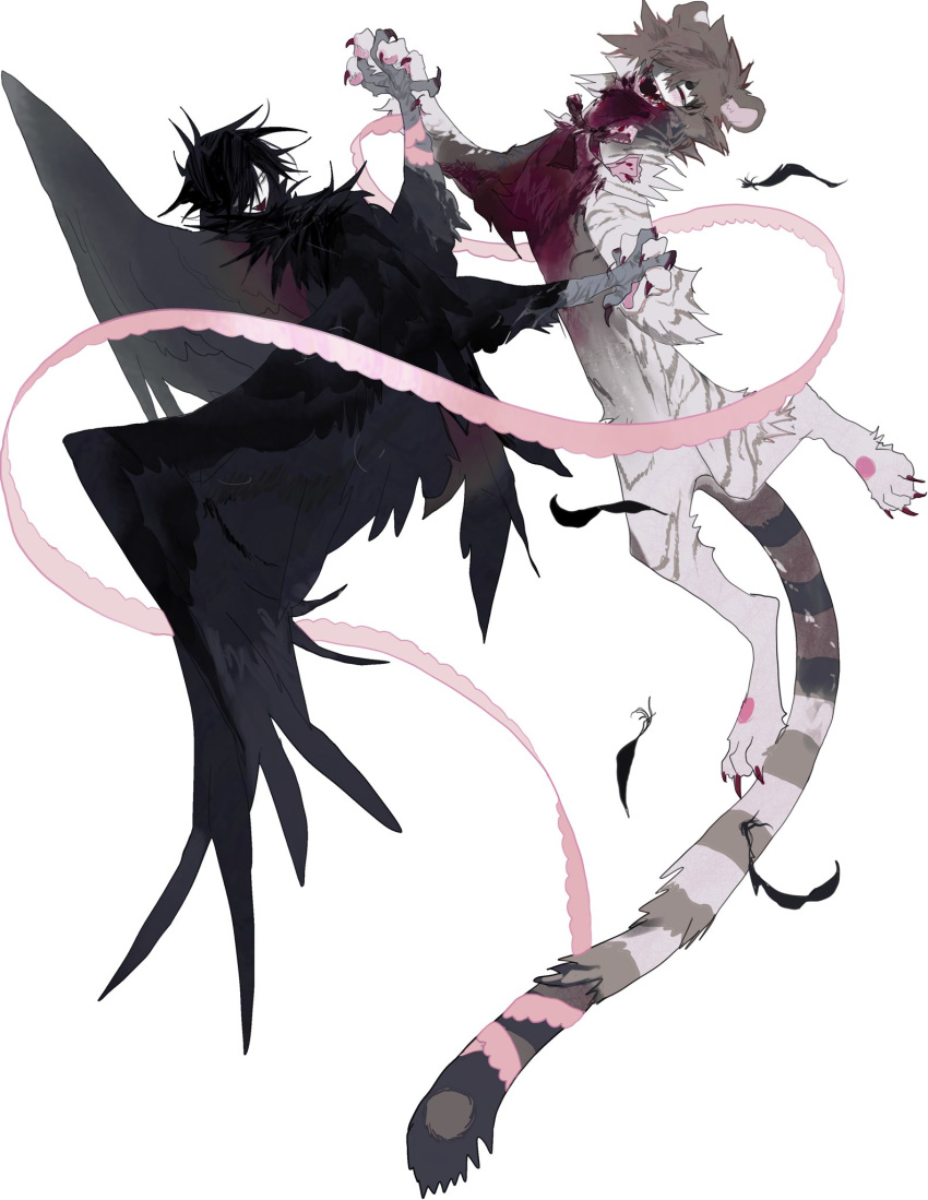 animal_ears animal_hands black_feathers black_hair black_wings blood brown_fur brown_hair brown_tail cat_tail closed_eyes colored_skin creature feathers harpy highres holding_hands kamikiririp monster_girl open_mouth original smile sphinx tail tiger tiger_ears white_skin wings