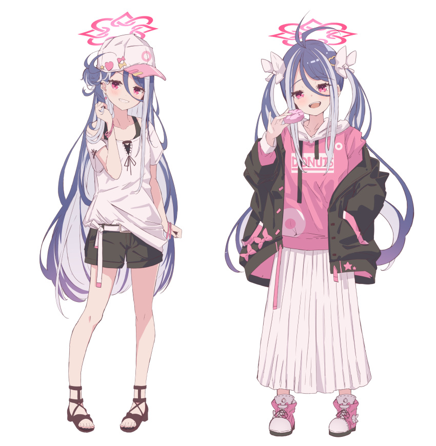 1girl absurdres alternate_costume antenna_hair black_jacket black_shorts blue_archive blue_hair blush boots doughnut food fubuki_(blue_archive) full_body grey_hair grin halo hat highres holding holding_food hood hood_down hoodie jacket kanikama_acedia long_hair long_sleeves multicolored_hair multiple_views open_clothes open_jacket open_mouth pink_footwear pink_halo pink_hoodie red_eyes shirt short_sleeves shorts simple_background smile twintails white_background white_headwear white_shirt