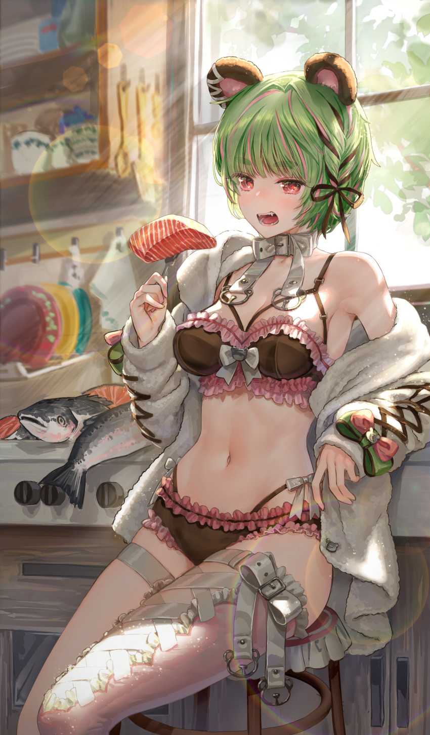 1girl absurdres animal_ears bear_ears belt black_bra blurry blurry_background blush bow bra breasts buckle chair day disgust fangs fish food fork green_hair grey_hair highres holding holding_fork indoors jacket kitchen leaf looking_at_viewer meat medium_breasts navel off_shoulder oohhya open_mouth original panty_straps plate red_eyes salmon short_hair sitting solo spoon stool stove sunlight suspenders teeth thighhighs underwear window