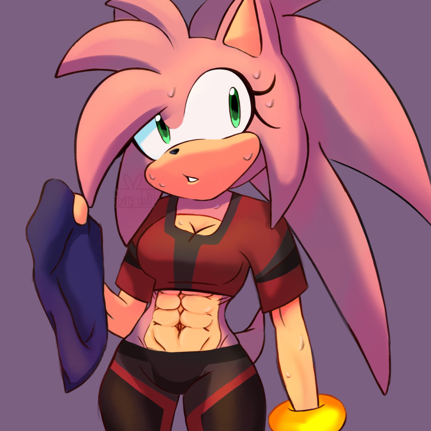abs amy_rose anthro athletic athletic_female bodily_fluids bottomwear bracelet breasts cleavage clothed clothing crop_top detailed_navel eulipotyphlan exercise_clothing eyelashes female fur green_eyes hair hedgehog hi_res jewelry long_hair mammal navel pants pberry-daki pink_body pink_fur quills_(anatomy) sega shirt solo sonic_the_hedgehog_(series) sweat topwear towel yoga_pants