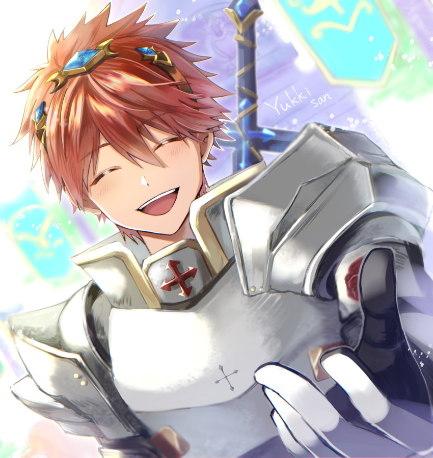1boy armor breastplate brown_hair circlet closed_eyes commentary_request cross dutch_angle gauntlets hair_between_eyes highres long_bangs male_focus open_mouth paladin_(ragnarok_online) pauldrons ragnarok_online ragnarok_origin reaching reaching_towards_viewer rozeta second-party_source short_hair shoulder_armor smile solo sword upper_body weapon weapon_on_back