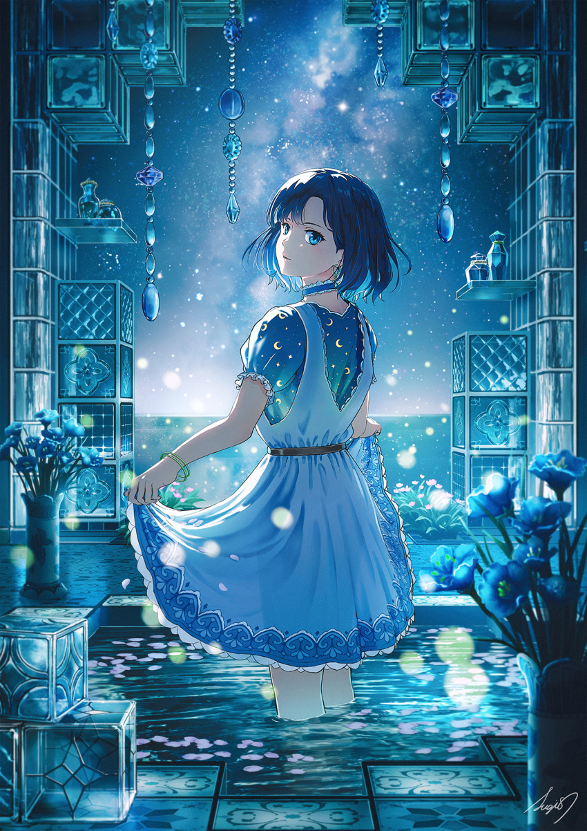 1girl bangle blue_eyes blue_hair blue_theme bottle bracelet choker clothes_lift dress flower frilled_choker frills highres horizon jar jewelry lifted_by_self looking_at_viewer looking_back night night_sky ocean original petals pond short_hair signature skirt skirt_lift sky solo star_(sky) sugi87 wading water