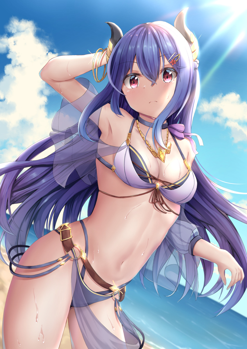 1girl arm_up armpits bare_shoulders beach bikini black_choker blue_hair blue_sky bracelet breasts choker closed_mouth cloud cowboy_shot demon_girl demon_horns flower hair_between_eyes hair_flower hair_ornament highleg highleg_bikini highres horns jewelry layered_bikini long_hair looking_at_viewer mia_(kuja999) navel o-ring o-ring_bottom ocean pendant princess_connect! purple_eyes rei_(princess_connect!) rei_(summer)_(princess_connect!) sky solo sunflower sunflower_hair_ornament swimsuit