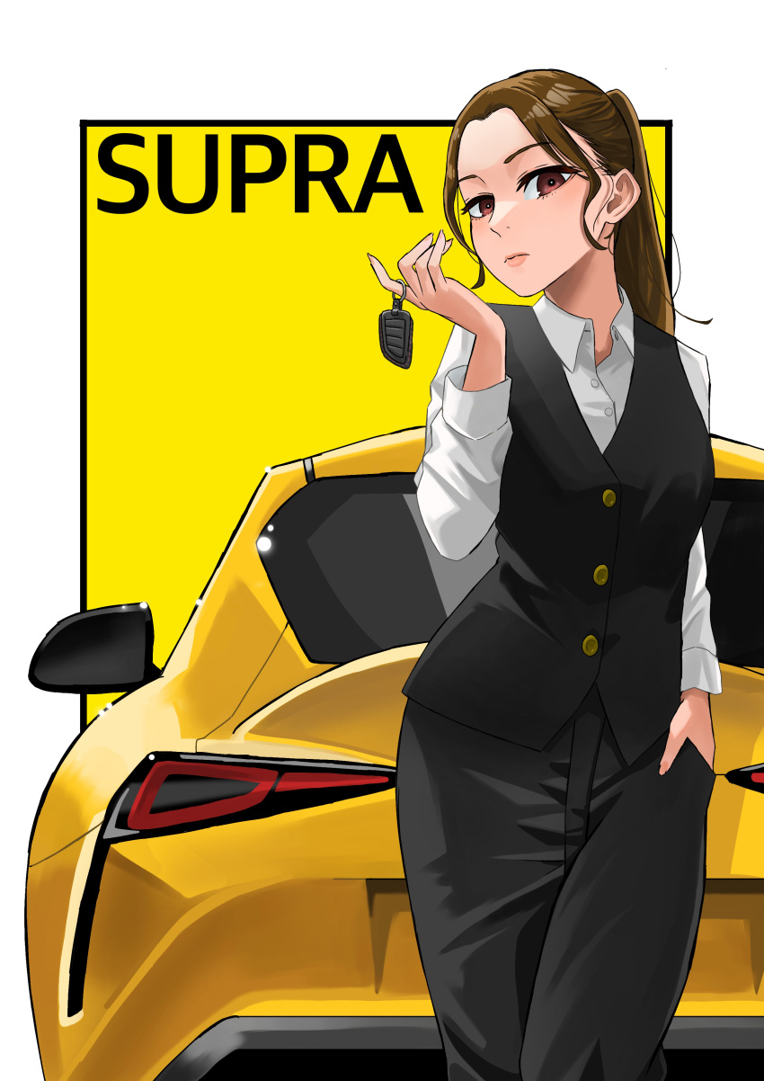 1girl absurdres black_pants black_vest blush border brown_eyes car car_keys collared_shirt frown hair_behind_ear hand_in_pocket highres looking_at_viewer motor_vehicle original outside_border pants pink_lips ponytail shirt solo sora_no_sen sports_car toyota toyota_supra toyota_supra_mk_v vehicle_name vest white_border white_shirt yellow_background