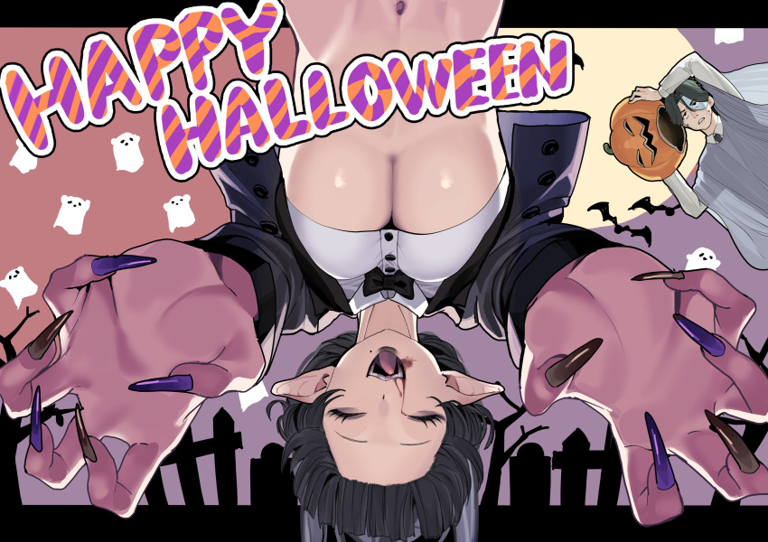 1boy 1girl :d absurdres ariadani_oriko bat_(animal) black_bow black_bowtie black_hair blood blood_on_face bow bowtie breasts claw_pose closed_eyes collar fingernails forehead ghost halloween halloween_costume highres jack-o'-lantern koiso_usu long_fingernails midriff mole mole_under_mouth navel open_mouth original patchwork_skin pointy_ears reaching reaching_towards_viewer removing_headwear sharp_fingernails smile tongue underboob upside-down vampire