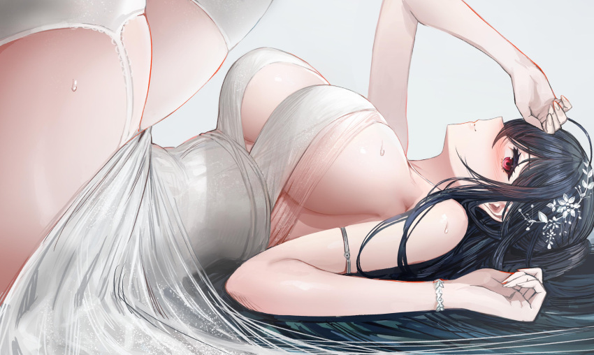 1girl absurdres ahoge azur_lane bare_shoulders black_hair breasts cocktail_dress dress from_side hair_ornament highres jewelry kaki_z3 large_breasts long_hair official_alternate_costume red_eyes satin_dress sideboob solo taihou_(azur_lane) taihou_(temptation_on_the_sea_breeze)_(azur_lane) thighhighs very_long_hair white_dress white_thighhighs