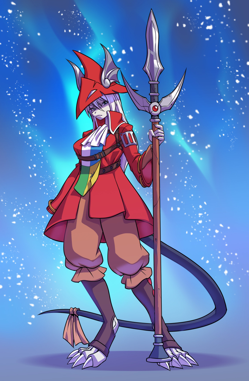 2024 absurd_res alanscampos anthro blue_eyes breasts burmecian clothing coat cravat digitigrade eyebrows feet female final_fantasy final_fantasy_ix freya_crescent fur hair hat headgear headwear hi_res long_hair looking_at_viewer mammal red_clothing red_coat red_hat red_headwear red_topwear rodent solo square_enix standing topwear white_body white_fur white_hair