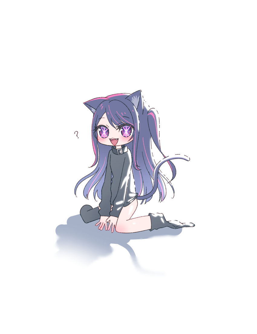 1girl :3 :d ? absurdres animal_ear_fluff animal_ears belt_buckle belt_collar between_legs black_collar black_shirt black_thighhighs bloom blush buckle cat_day cat_ears cat_tail chibi collar commentary_request eyelashes fangs hand_between_legs highres hoshino_ai_(oshi_no_ko) long_hair long_sleeves looking_at_viewer loose_thighhigh multicolored_hair no_pants one_side_up open_mouth oshi_no_ko own_hands_together purple_eyes purple_hair shadow shirt simple_background sitting smile solo star-shaped_pupils star_(symbol) streaked_hair swept_bangs symbol-shaped_pupils tachibana_reiya tail teeth thighhighs two-tone_hair upper_teeth_only v_arms wariza white_background