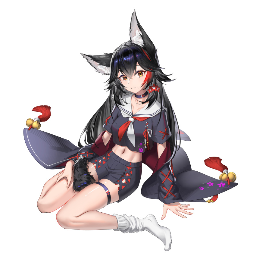 1girl absurdres animal_ears bell black_choker black_hair black_shorts choker full_body hair_between_eyes highres hololive jingle_bell long_hair looking_at_viewer mimi_mimimi navel off_shoulder ookami_mio red_hair shorts sitting smile socks tail transparent_background virtual_youtuber white_socks wolf_ears wolf_girl wolf_tail yellow_eyes