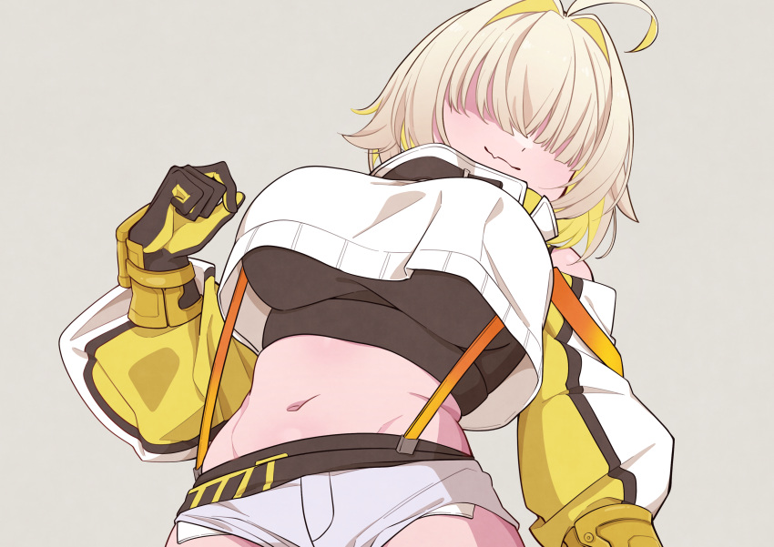 1girl absurdres blonde_hair breasts brown_gloves clenched_hand closed_mouth cowboy_shot crop_top elegg_(nikke) english_commentary exposed_pocket fang gloves goddess_of_victory:_nikke grey_background grey_shorts hair_intakes hair_over_eyes highres large_breasts long_bangs medium_hair mekato multicolored_clothes multicolored_gloves multicolored_hair short_shorts shorts simple_background skin_fang solo suspender_shorts suspenders two-tone_hair